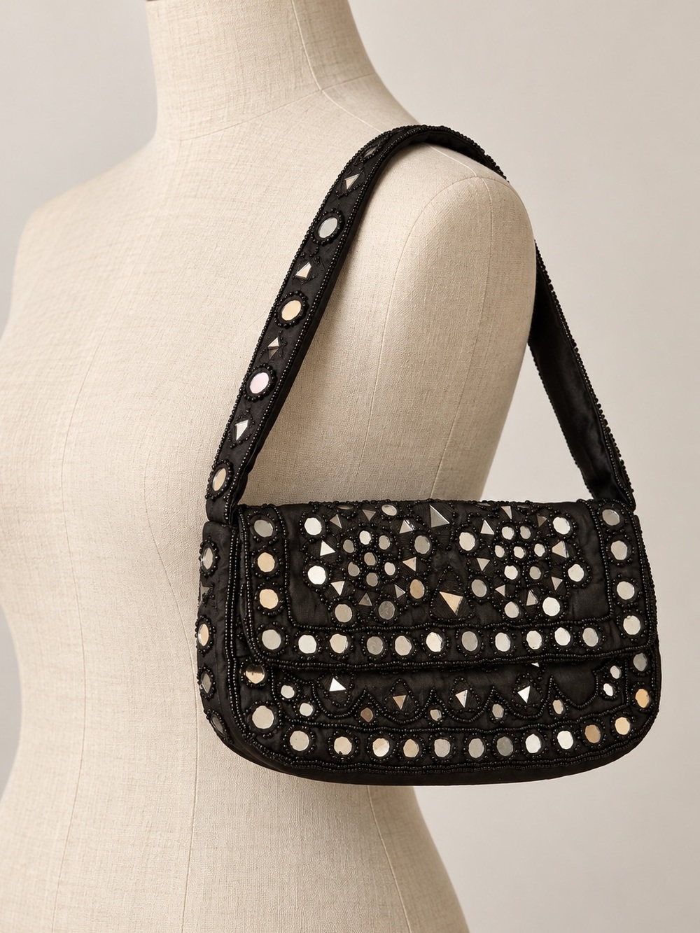 Vintage Christiana Black Mirror Embellished Beaded Shoulder Bag
